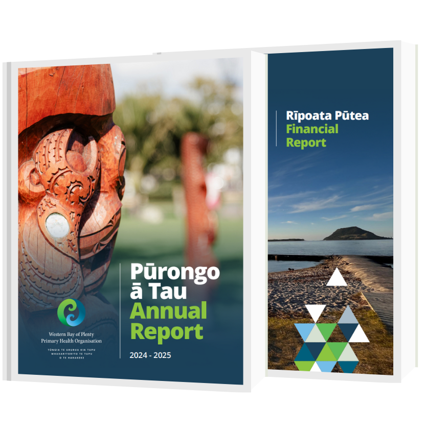Two report covers side by side. The left cover shows the WBOP PHO Annual Report 2024–2025 with a close-up photo of the Matariki constellation carvings at the Tauranga waterfront. The right cover shows the WBOP PHO Financial Report with an image of Mauao viewed from Kulim Park in Tauranga.