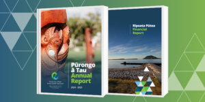 WBOP PHO Annual Report 2024–2025 and Financial Report covers, showing local carving and coastal landscape from the Western Bay of Plenty.