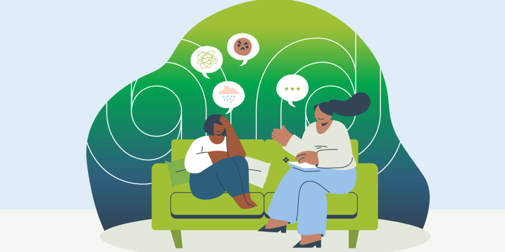 Illustration of a person sitting on a couch looking distressed, with speech bubbles showing confused and sad emotions, while a health professional sits beside them listening and taking notes during a counselling session.