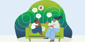 Illustration of a person sitting on a couch looking distressed, with speech bubbles showing confused and sad emotions, while a health professional sits beside them listening and taking notes during a counselling session.
