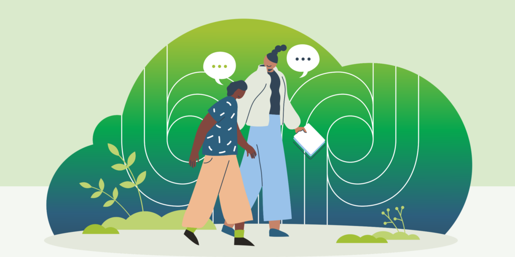 Two people walking and talking outdoors, with one holding a notebook, illustrated against a green abstract background representing support and wellbeing.