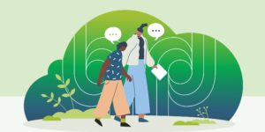 Two people walking and talking outdoors, with one holding a notebook, illustrated against a green abstract background representing support and wellbeing.