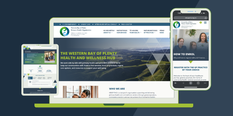 Image depicting WBOP PHO's new website on various screen devices: Your hub to health services in the Western Bay