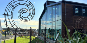 Two-storey modern building with large glass windows and timber cladding at The Kollective in Tauranga, with a large spiral metal sculpture in the foreground and landscaped grass area under a blue sky.
