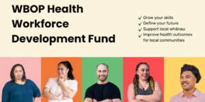 Infographic with text for Workforce Dev Fund - includes images of 5 people on various coloured backgrounds